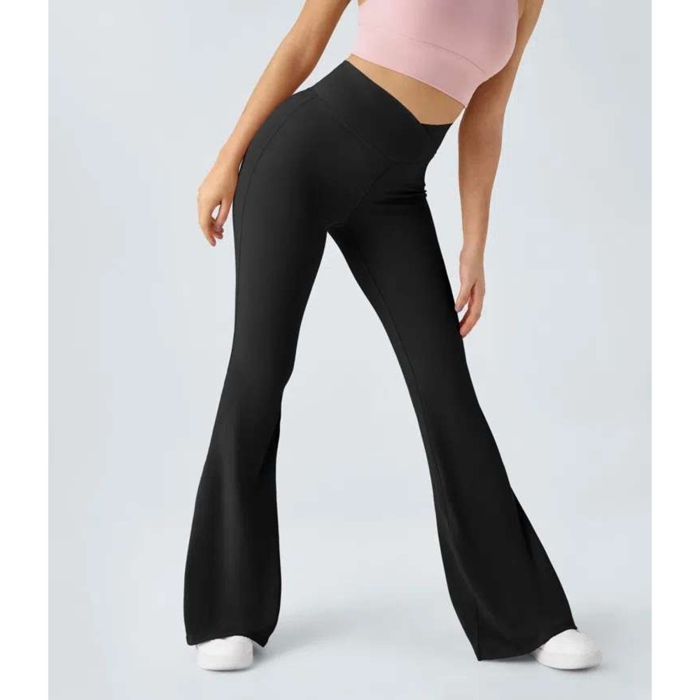 Halara DayStretch Crossover High Waisted Pocket Flare Leggings Black- Petite L